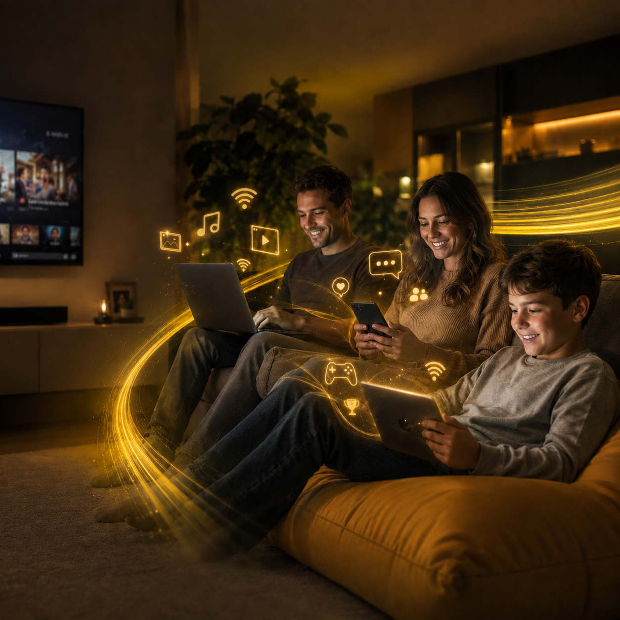 Família conectada em casa com a internet da JDI